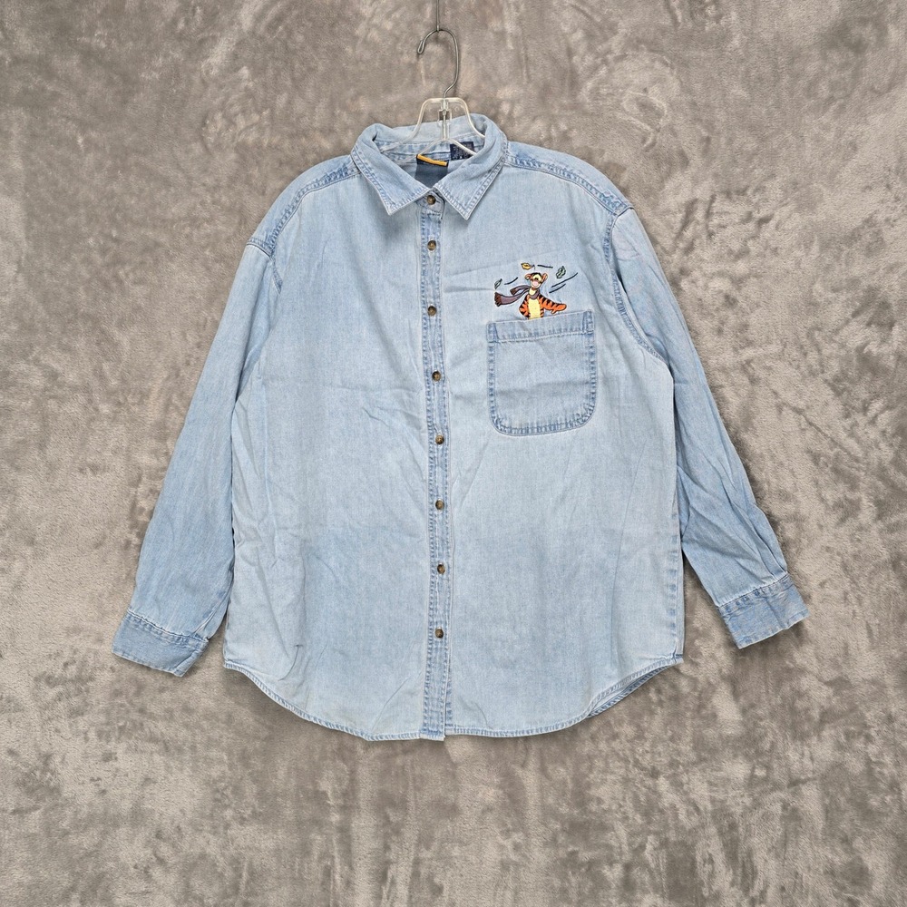 Disney Pooh Woman Tigger Embroidered Denim Button Down Shirt Light 18W‎ Kidcore
